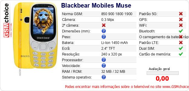 Blackbear Mobiles Muse Especificações técnicas do telemóvel Blackbear Mobiles Muse Especificações técnicas do telemóvel