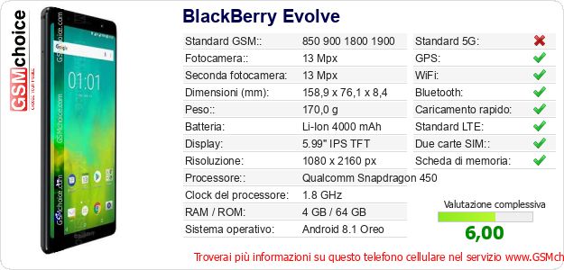 BlackBerry Evolve Dati tecnici di telefono cellulare 