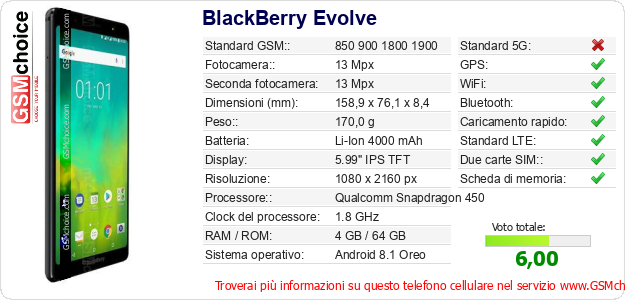 BlackBerry Evolve Dati tecnici di telefono cellulare 