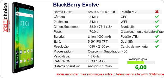BlackBerry Evolve Especificações técnicas do telemóvel 