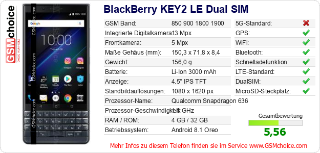 BlackBerry KEY2 LE Dual SIM technische Daten BlackBerry KEY2 LE Dual SIM technische Daten