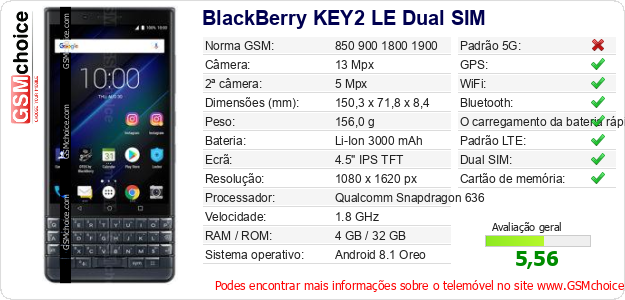 BlackBerry KEY2 LE Dual SIM Especificações técnicas do telemóvel 