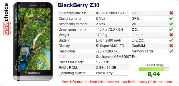 BlackBerry Z30 手机技术数据