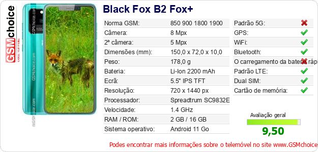 Black Fox B2 Fox+ Especificações técnicas do telemóvel Black Fox B2 Fox+ Especificações técnicas do telemóvel