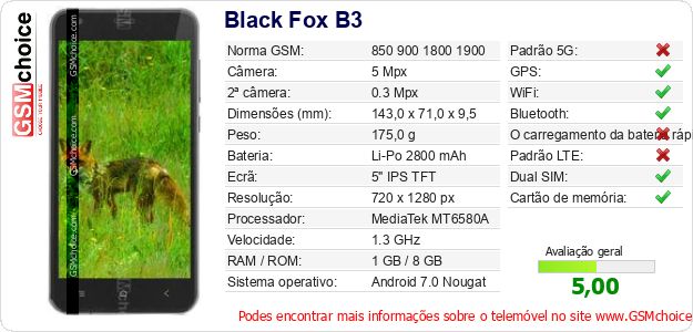 Black Fox B3 Especificações técnicas do telemóvel Black Fox B3 Especificações técnicas do telemóvel