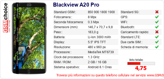 Blackview A20 Pro Dati tecnici di telefono cellulare 