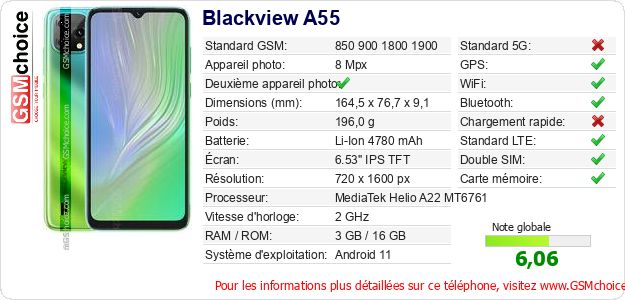 Blackview A55 Fiche technique Blackview A55 Fiche technique