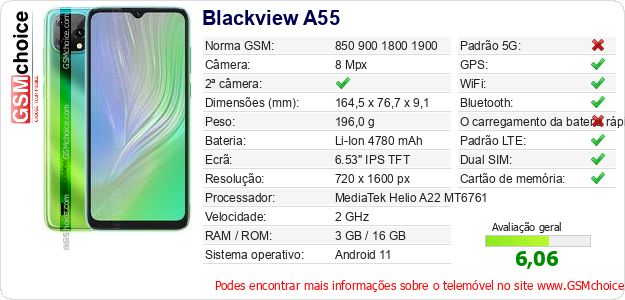 Blackview A55 Especificações técnicas do telemóvel 