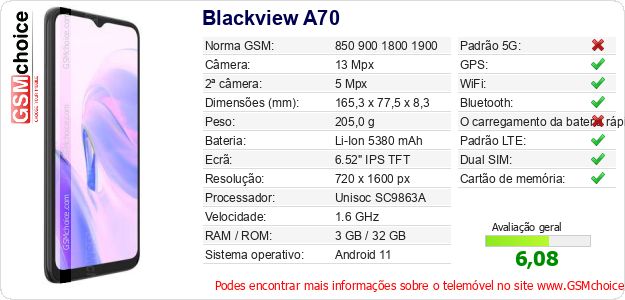 Blackview A70 Especificações técnicas do telemóvel 