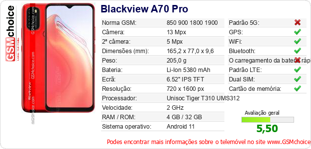 Blackview A70 Pro Especificações técnicas do telemóvel Blackview A70 Pro Especificações técnicas do telemóvel