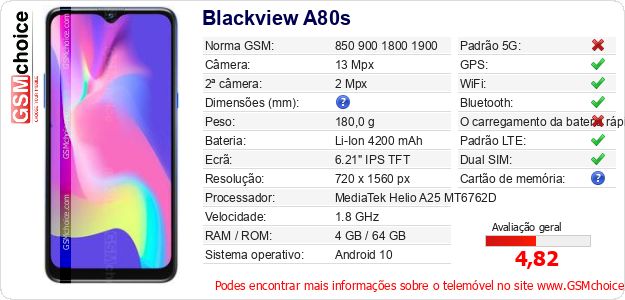 Blackview A80s Especificações técnicas do telemóvel Blackview A80s Especificações técnicas do telemóvel