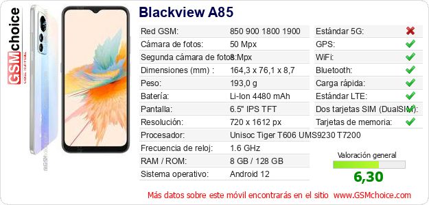 Blackview A85 Datos técnicos del móvil Blackview A85 Datos técnicos del móvil