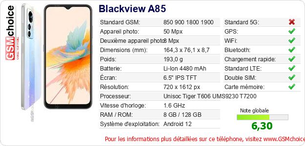 Blackview A85 Fiche technique