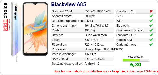Blackview A85 Fiche technique