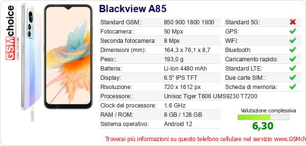 Blackview A85 Dati tecnici di telefono cellulare Blackview A85 Dati tecnici di telefono cellulare