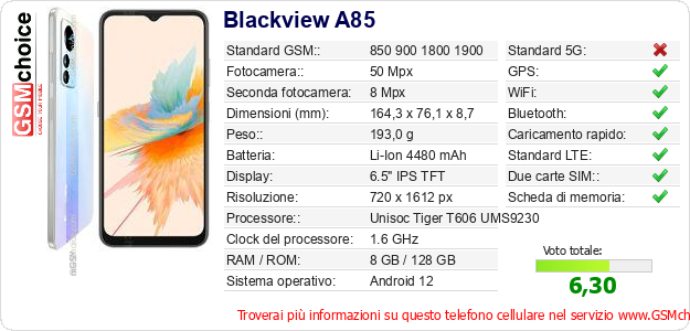 Blackview A85 Dati tecnici di telefono cellulare 
