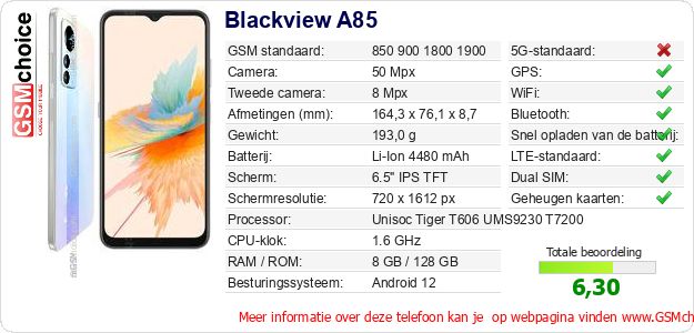 Blackview A85 Technische gegevens Blackview A85 Technische gegevens