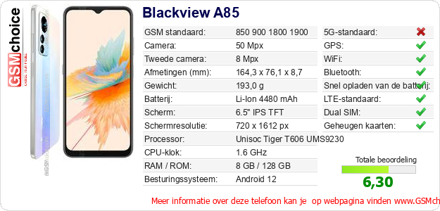 Blackview A85 Technische gegevens Blackview A85 Technische gegevens
