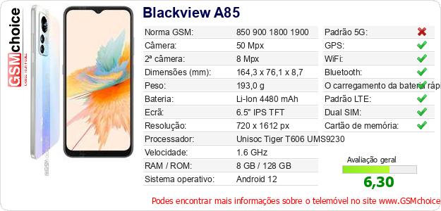 Blackview A85 Especificações técnicas do telemóvel 