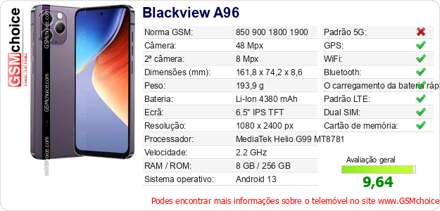 Blackview A96 Especificações técnicas do telemóvel Blackview A96 Especificações técnicas do telemóvel