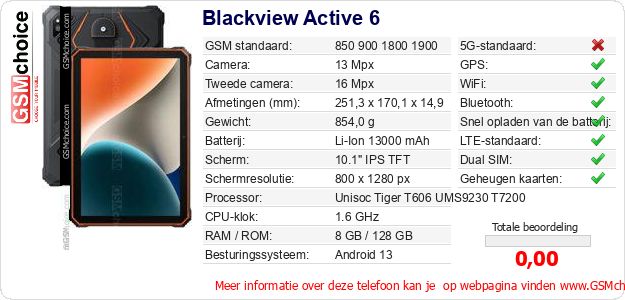 Blackview Active 6 Technische gegevens Blackview Active 6 Technische gegevens