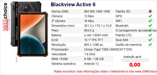 Blackview Active 6 Especificações técnicas do telemóvel Blackview Active 6 Especificações técnicas do telemóvel