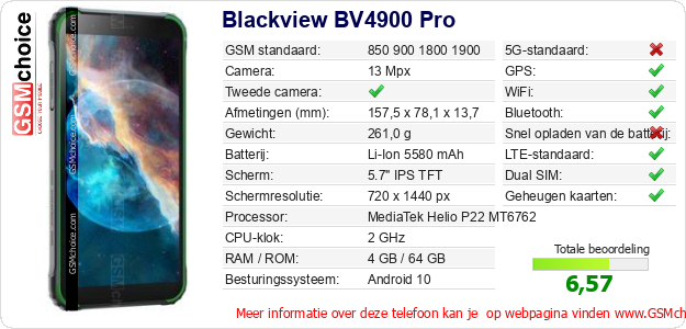 Blackview BV4900 Pro Technische gegevens Blackview BV4900 Pro Technische gegevens
