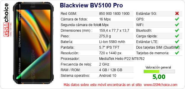 Blackview BV5100 Pro Datos técnicos del móvil Blackview BV5100 Pro Datos técnicos del móvil
