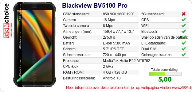 Blackview BV5100 Pro Technische gegevens Blackview BV5100 Pro Technische gegevens