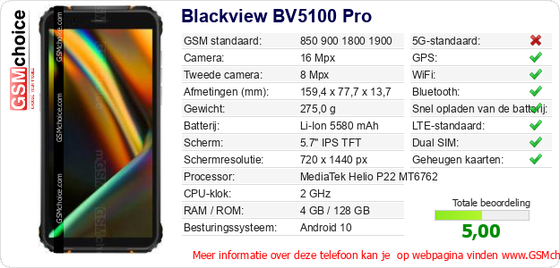 Blackview BV5100 Pro Technische gegevens 