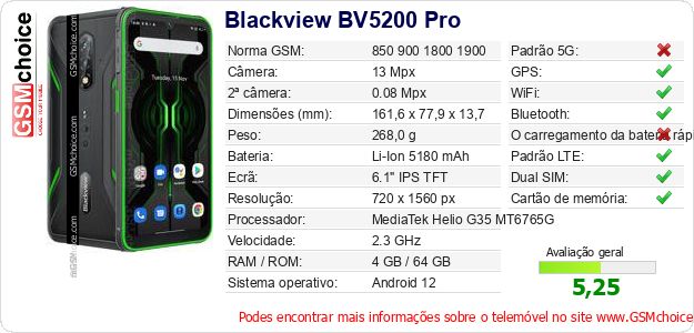Blackview BV5200 Pro Especificações técnicas do telemóvel Blackview BV5200 Pro Especificações técnicas do telemóvel