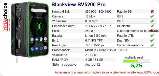 Blackview BV5200 Pro Especificações técnicas do telemóvel Blackview BV5200 Pro Especificações técnicas do telemóvel