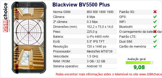 Blackview BV5500 Plus Especificações técnicas do telemóvel Blackview BV5500 Plus Especificações técnicas do telemóvel