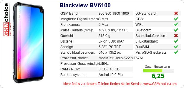 Blackview BV6100 technische Daten Blackview BV6100 technische Daten