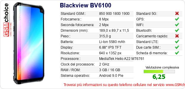 Blackview BV6100 Dati tecnici di telefono cellulare Blackview BV6100 Dati tecnici di telefono cellulare
