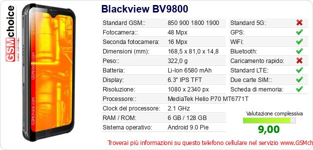 Blackview BV9800 Dati tecnici di telefono cellulare Blackview BV9800 Dati tecnici di telefono cellulare