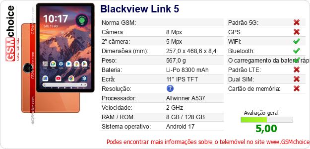 Blackview Link 5 Especificações técnicas do telemóvel Blackview Link 5 Especificações técnicas do telemóvel