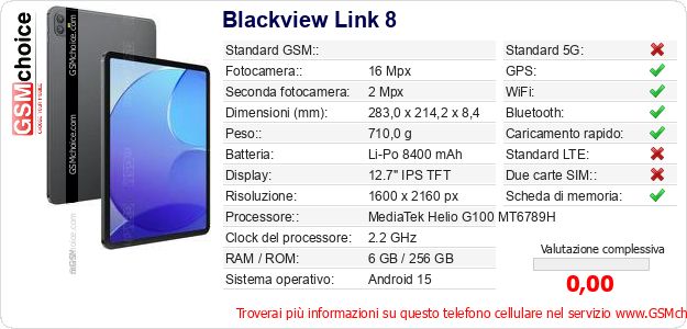 Blackview Link 8 Dati tecnici di telefono cellulare 
