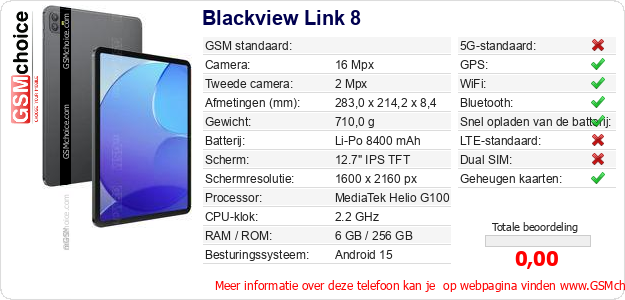 Blackview Link 8 Technische gegevens 