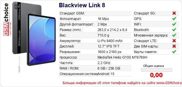 Blackview Link 8 Технические данные телефона Blackview Link 8 Технические данные телефона