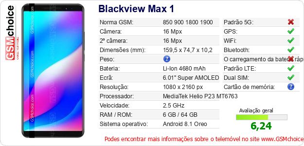 Blackview Max 1 Especificações técnicas do telemóvel Blackview Max 1 Especificações técnicas do telemóvel