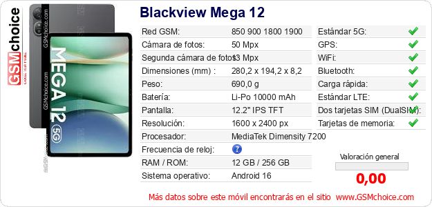 Blackview Mega 12 Datos técnicos del móvil Blackview Mega 12 Datos técnicos del móvil