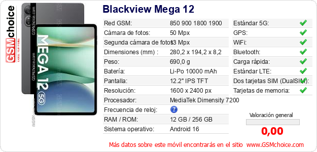 Blackview Mega 12 Datos técnicos del móvil Blackview Mega 12 Datos técnicos del móvil