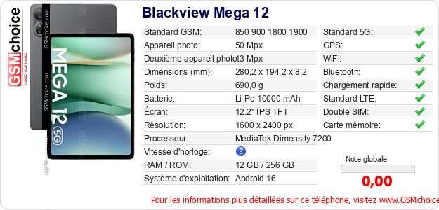 Blackview Mega 12 Fiche technique Blackview Mega 12 Fiche technique