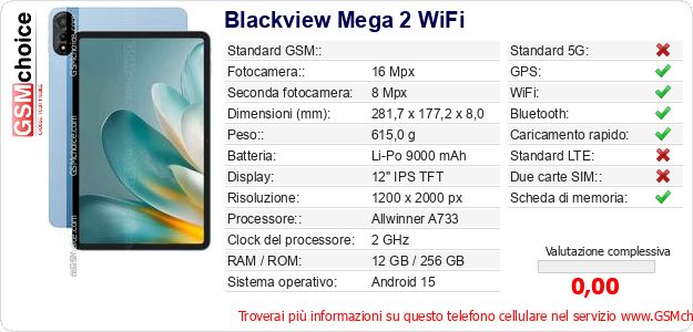Blackview Mega 2 WiFi Dati tecnici di telefono cellulare Blackview Mega 2 WiFi Dati tecnici di telefono cellulare
