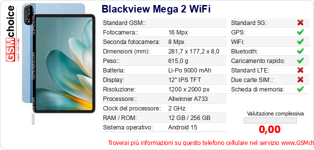 Blackview Mega 2 WiFi Dati tecnici di telefono cellulare Blackview Mega 2 WiFi Dati tecnici di telefono cellulare