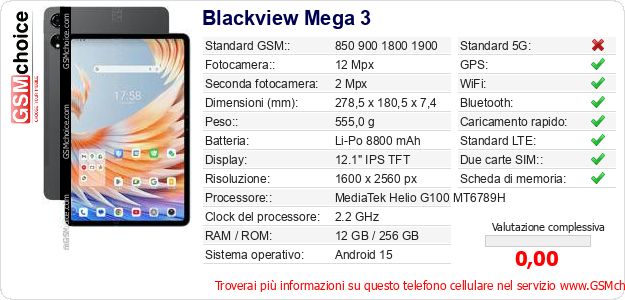 Blackview Mega 3 Dati tecnici di telefono cellulare 