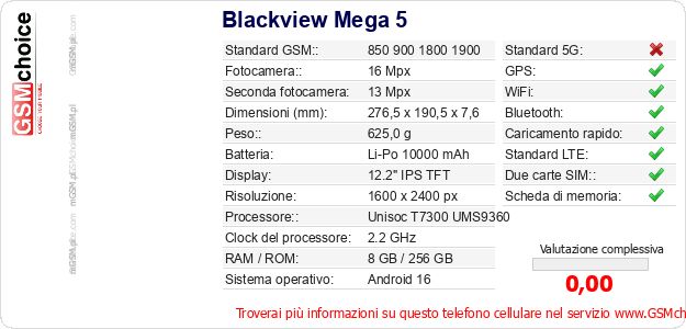 Blackview Mega 5 Dati tecnici di telefono cellulare 