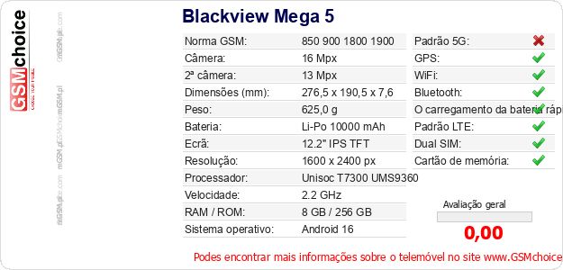 Blackview Mega 5 Especificações técnicas do telemóvel 