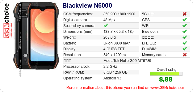 Blackview N6000 手機技術數據